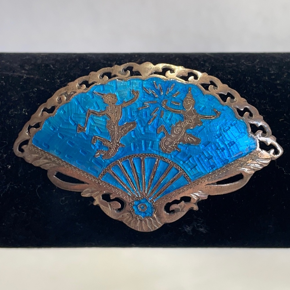 Vintage Siam Sterling silver blue enamel fan brooch 2.5”